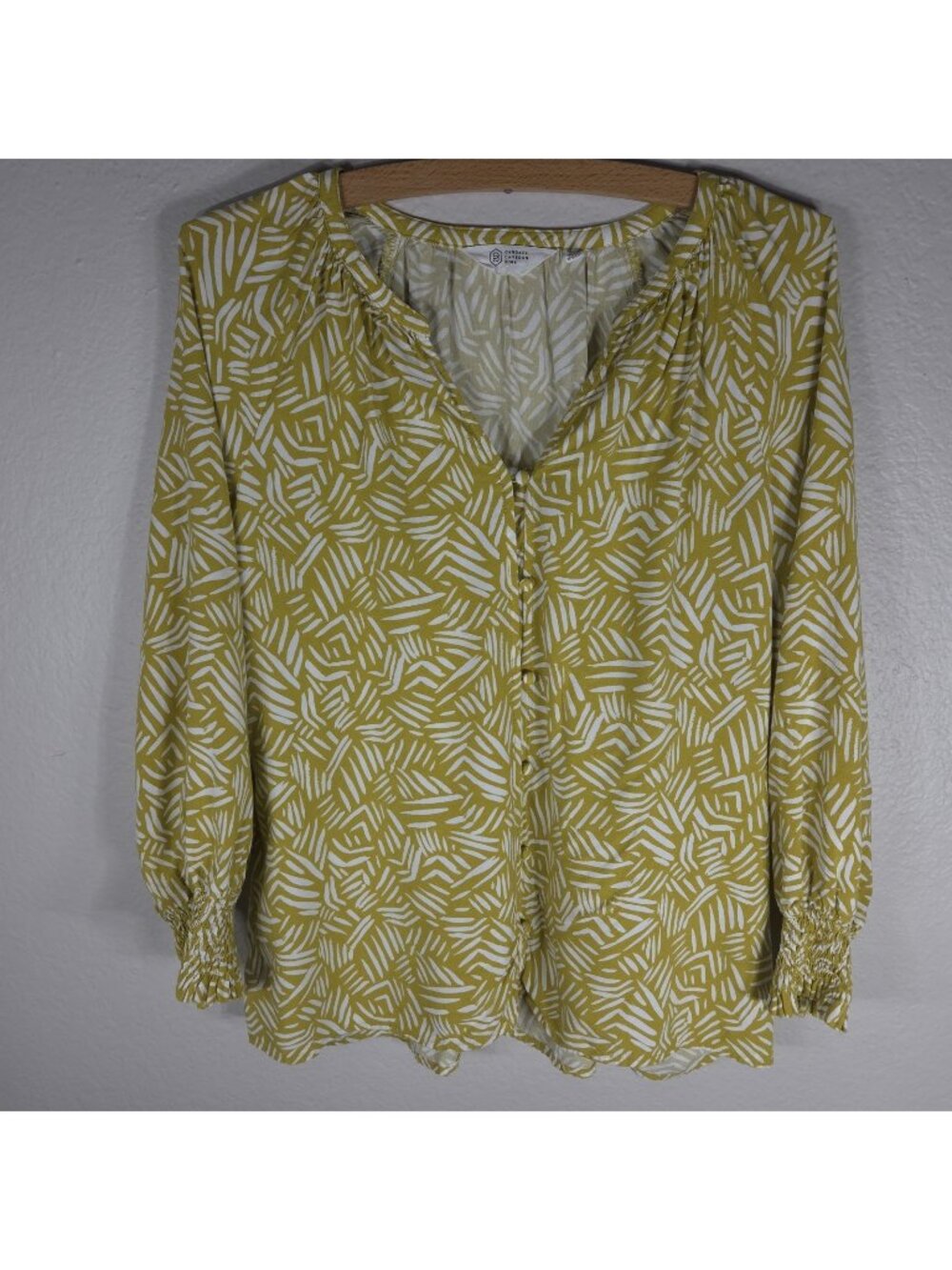 Candace Cameron Bure M Button Down Top Shirt Yellow White Smocked Long Sleeve